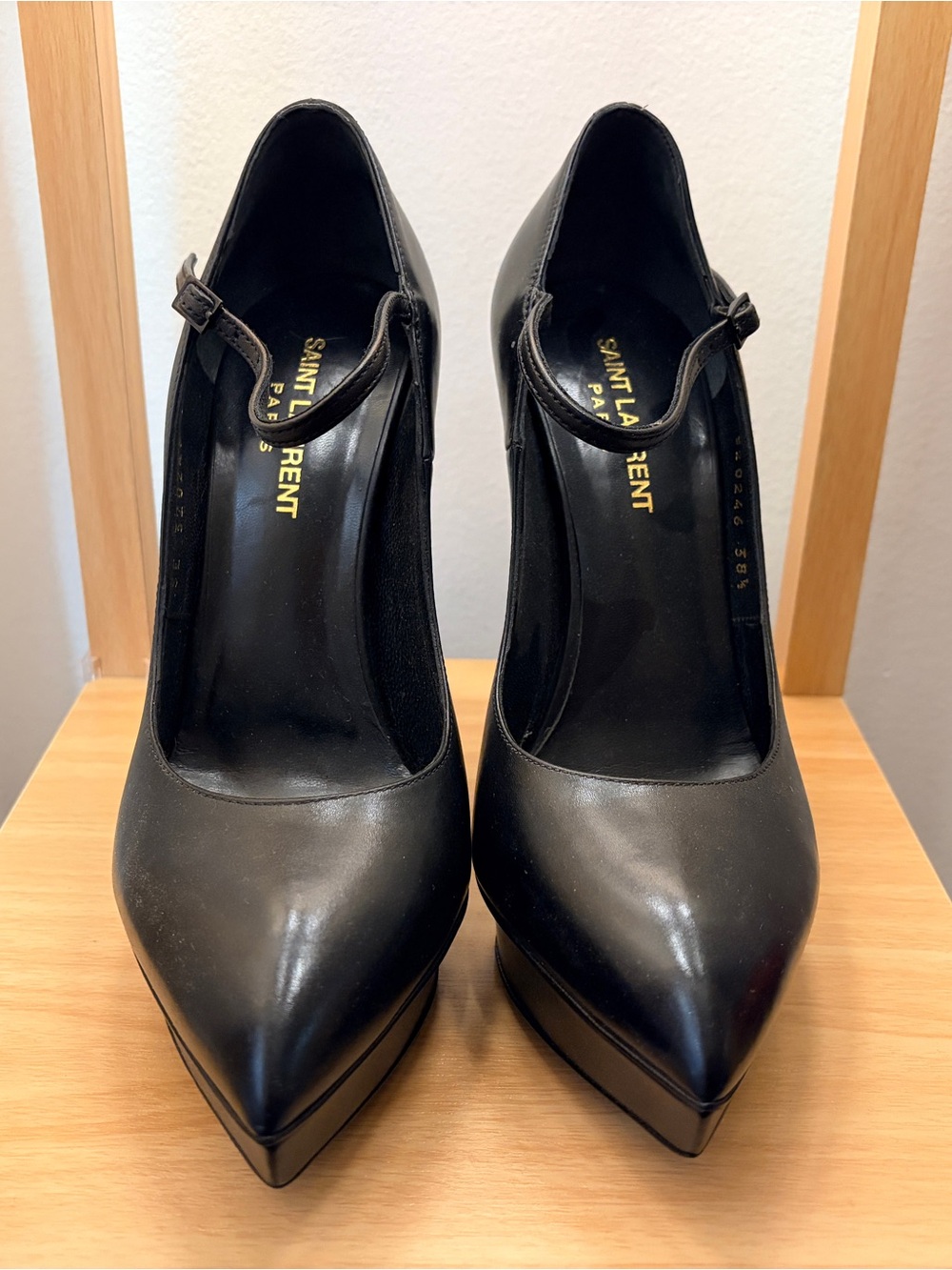 Yves Saint Laurent Black Leather Mary Jane Pointed-Toe Pumps